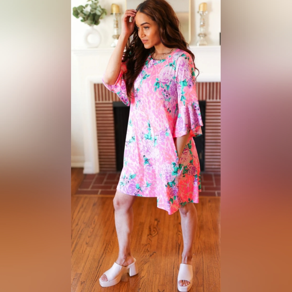 Pink Floral & Animal Print Above The Knee Dress With Pockets & Bell Sleeves--S